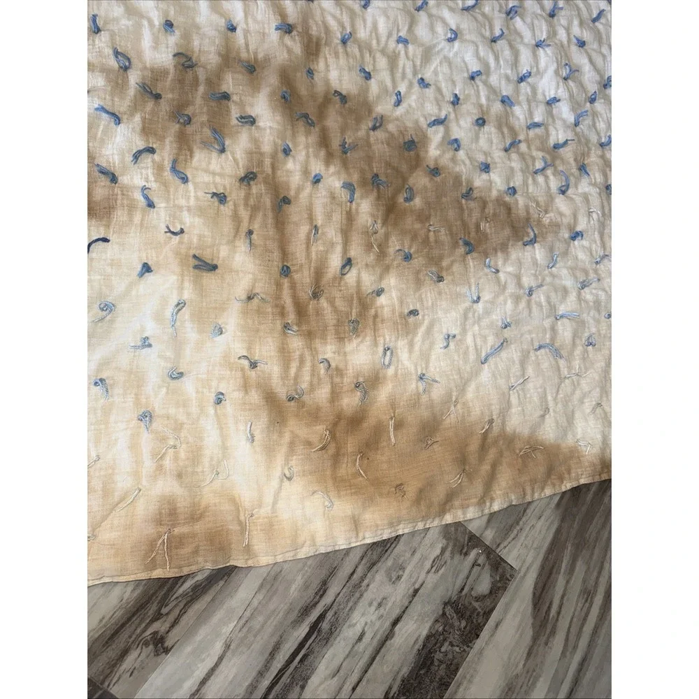 Vintage Cream W Blue Ties Quilt Blanket 68X65 In Significant Stain Areas Hole